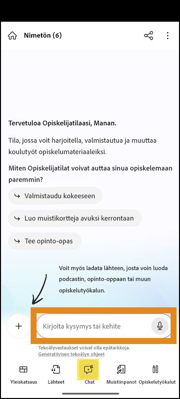 Chat-näyttö uudessa Student Spaces -tilassa, jossa on kehotekenttä kysymyksen esittämiseen.