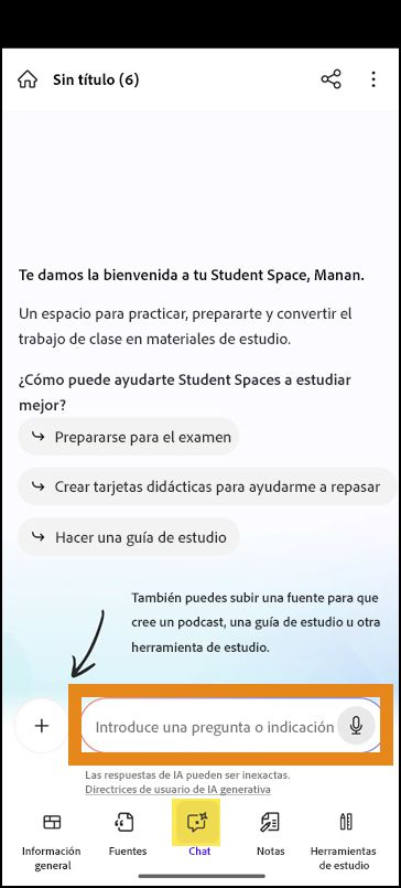Pantalla de chat en un nuevo Student Space con un campo de indicación para hacer una pregunta.