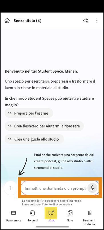 Schermata di chat in un nuovo Student Space con un campo prompt per fare una domanda.