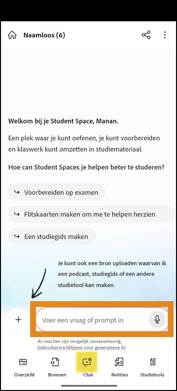 Chatscherm in een nieuwe Student Space met een opdrachtenveld voor het stellen van een vraag.