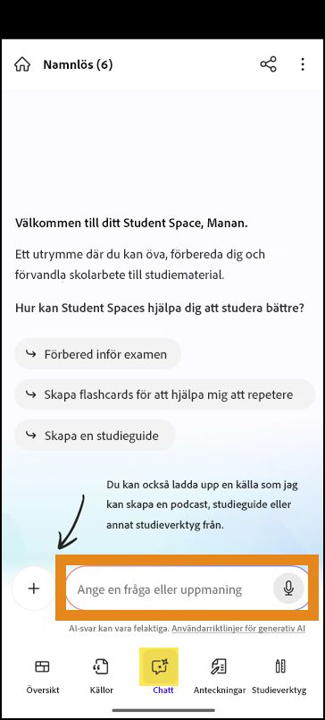Chattskärm i ett nytt Student Space med ett promptfält för att ställa frågor.