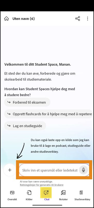 Chat-skjerm i et nytt Student Space med et hjelpetekstfelt for å stille spørsmål.