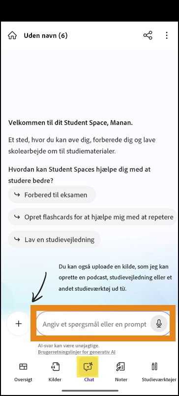 Chat-skærm i et nyt Student Space med et promptfelt til at stille et spørgsmål.
