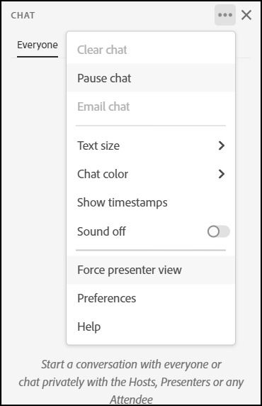 Panel de chat: opción de menú Forzar la vista del presentador