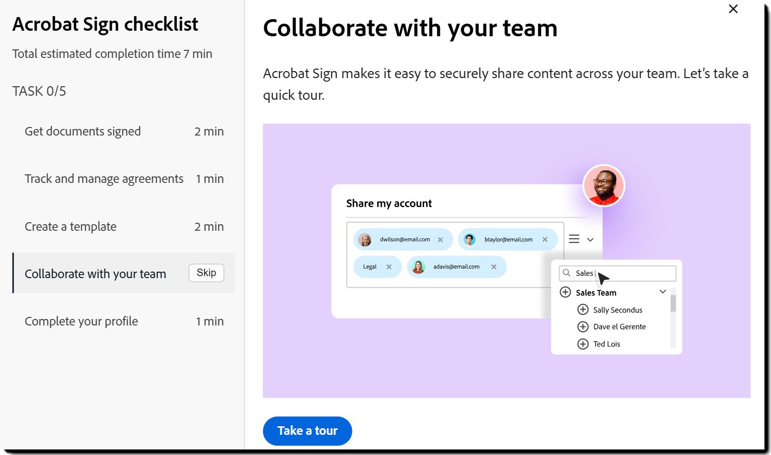 A visualização &quot;Colaborar com sua equipe&quot; do pop-up da lista de verificação do usuário