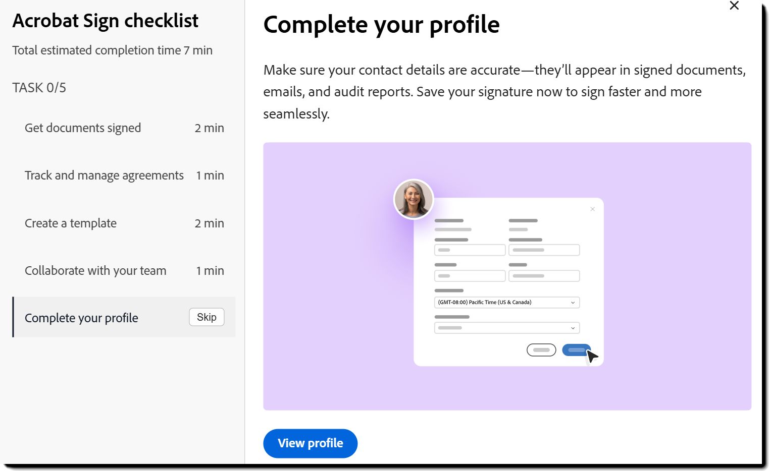 De weergave 'Profiel voltooien' van de pop-up met de gebruikerschecklist