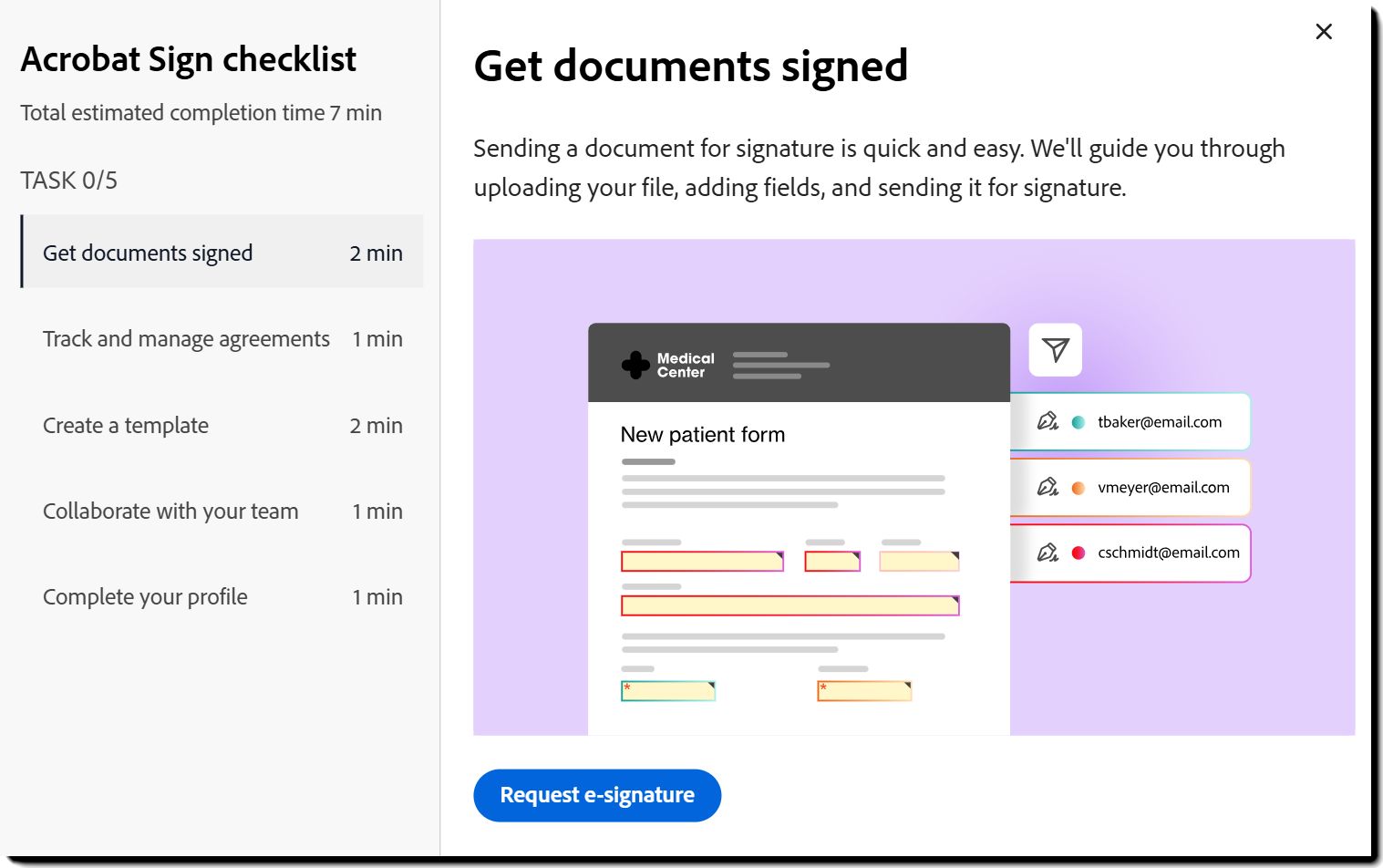 A visualização &quot;Obter documentos assinados&quot; do pop-up da lista de verificação do usuário