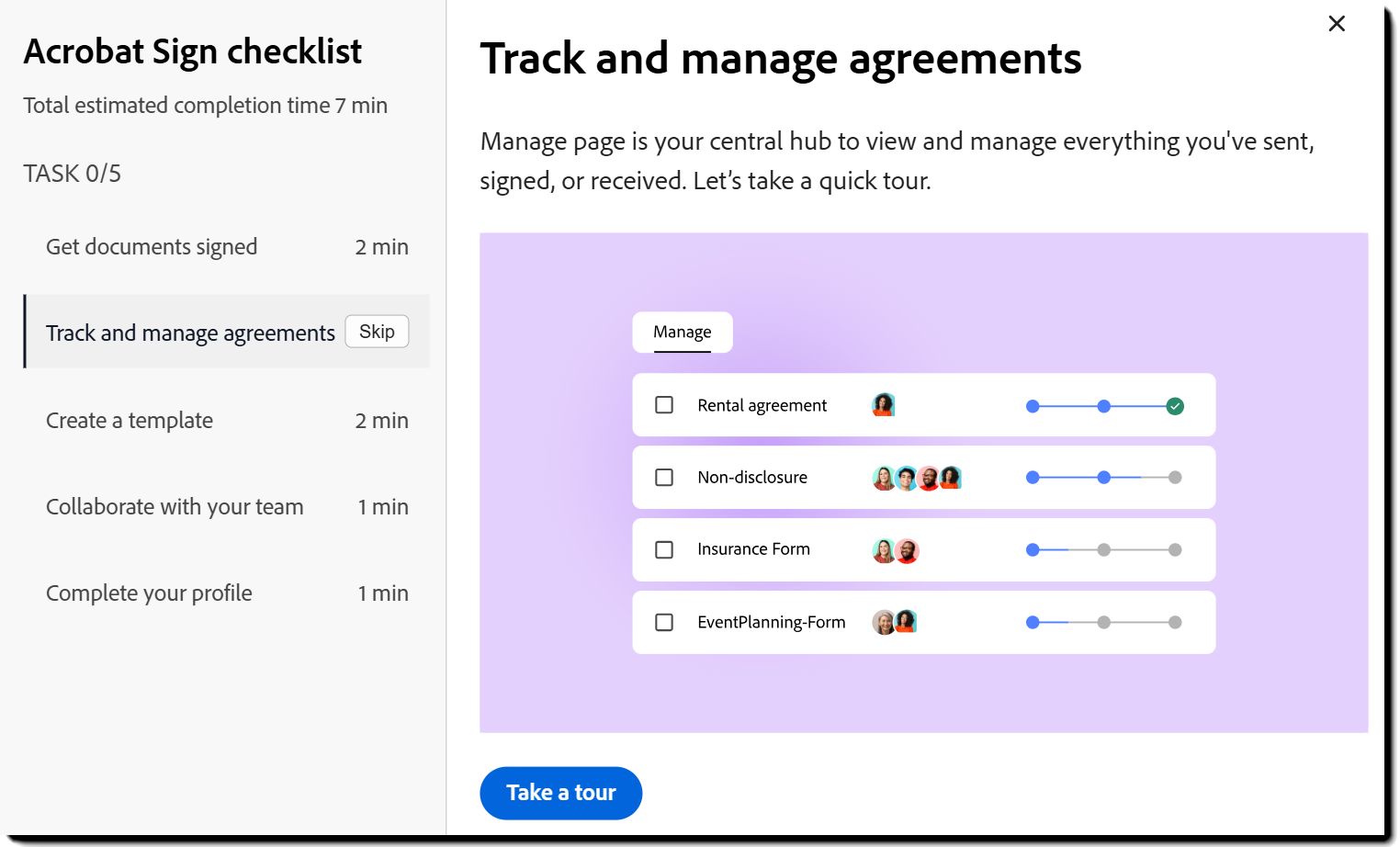 A visualização “Acompanhar e gerenciar” do pop-up da lista de verificação do usuário
