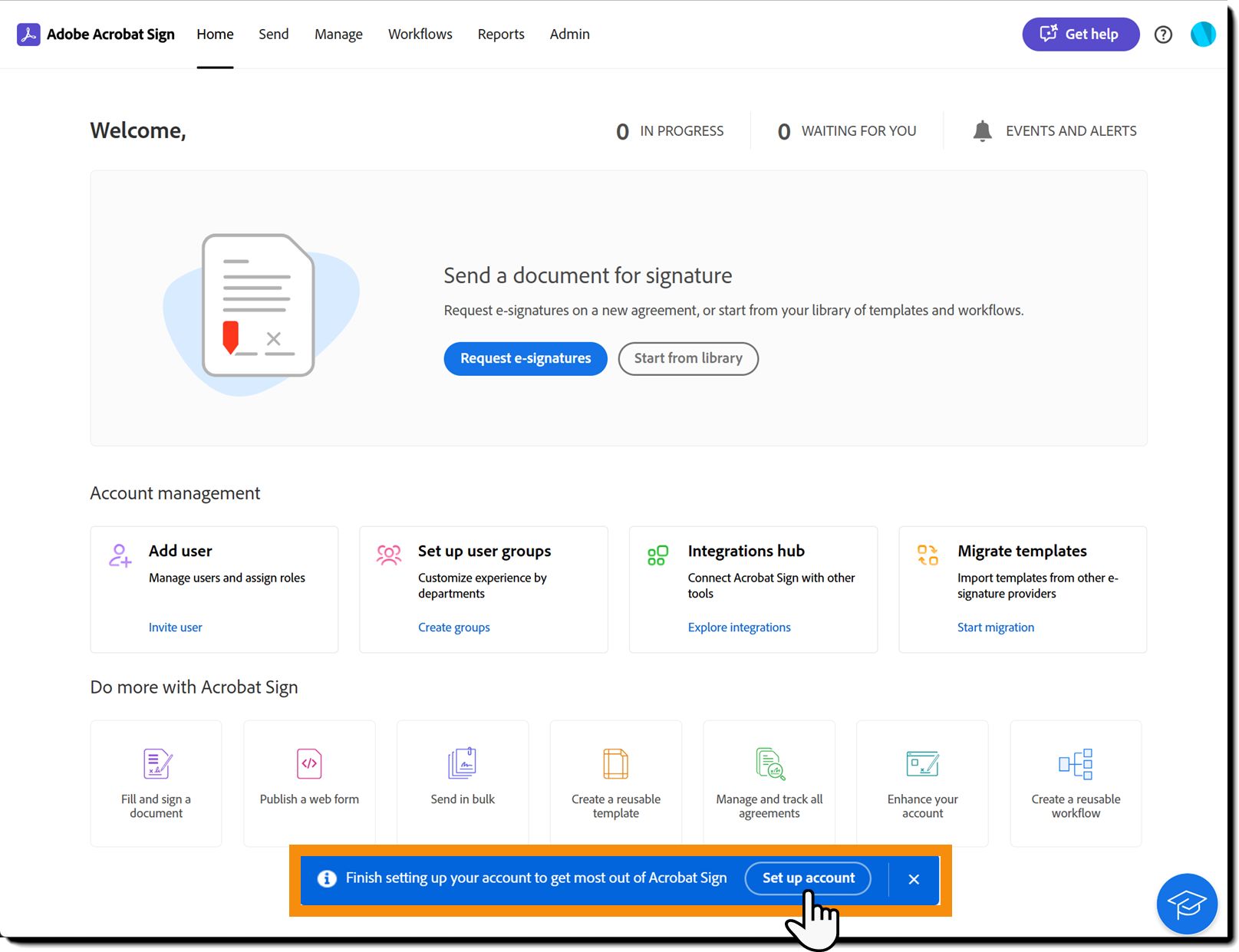 Il banner &quot;Configura account&quot; nella pagina Home