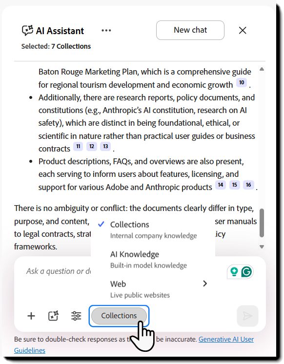 AI-assistent bronselectie-optie die Collections, AI Knowledge en Web toont.