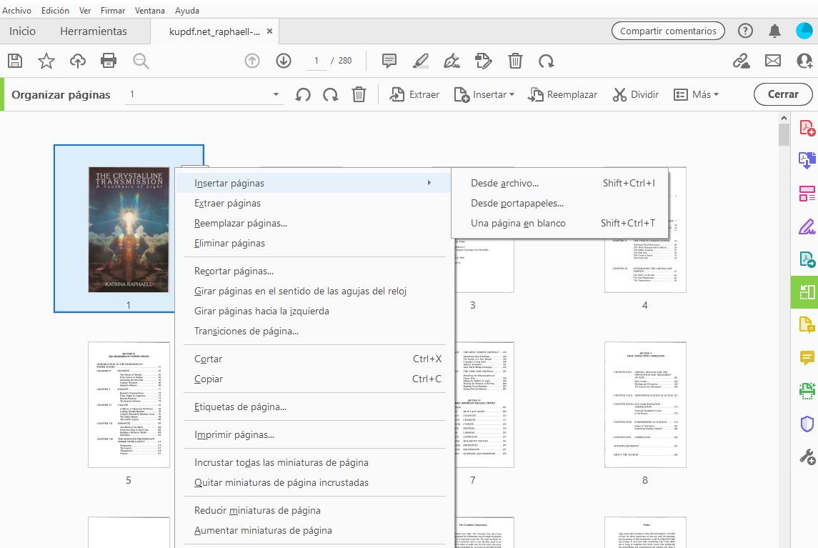Opción Insertar desde archivo en la herramienta Organizar páginas