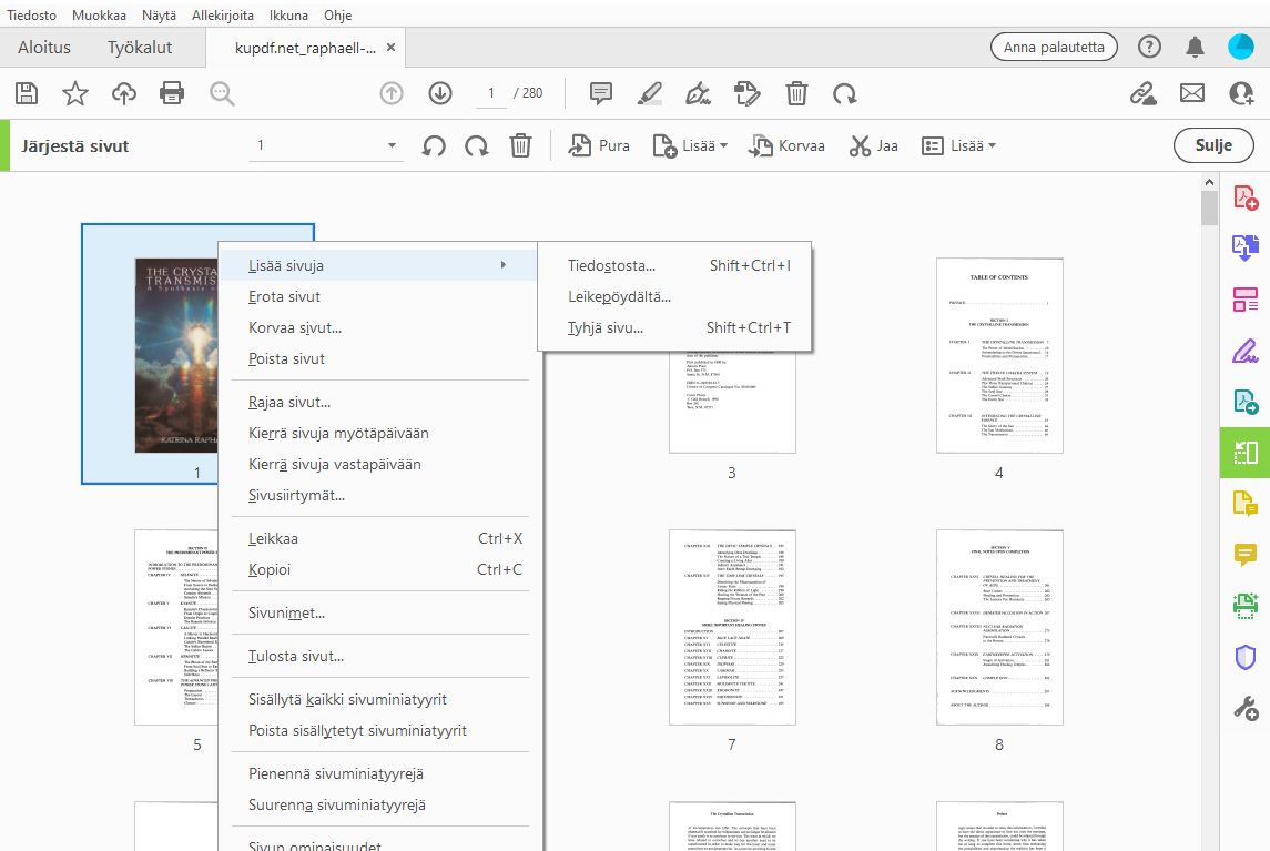 Lisää Järjestä sivut -työkalun tiedostokomennosta