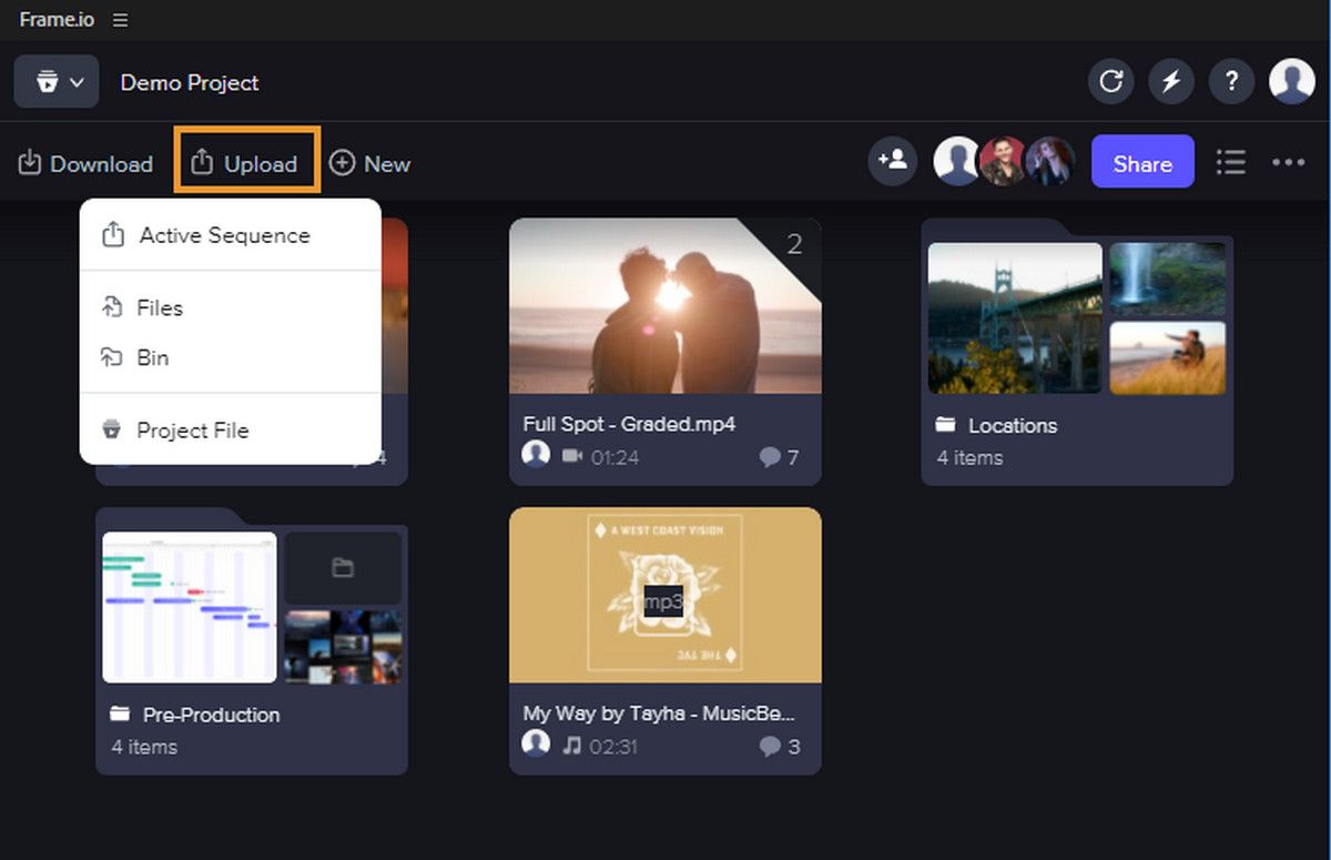 Escolha a opção Sequência ativa para carregar uma sequência ativa na qual você está trabalhando no Frame.io.