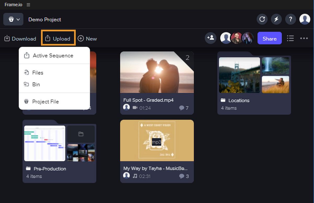 現在作業中のアクティブシーケンスを Frame.io にアップロードするには、「アクティブシーケンス」オプションを選択します。