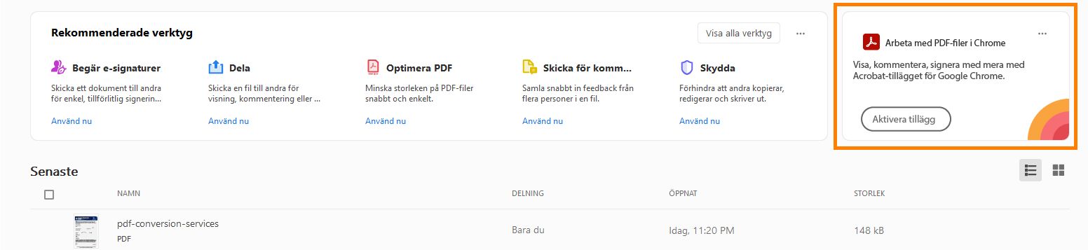Använda Acrobat-tillägget i webbläsaren Chrome