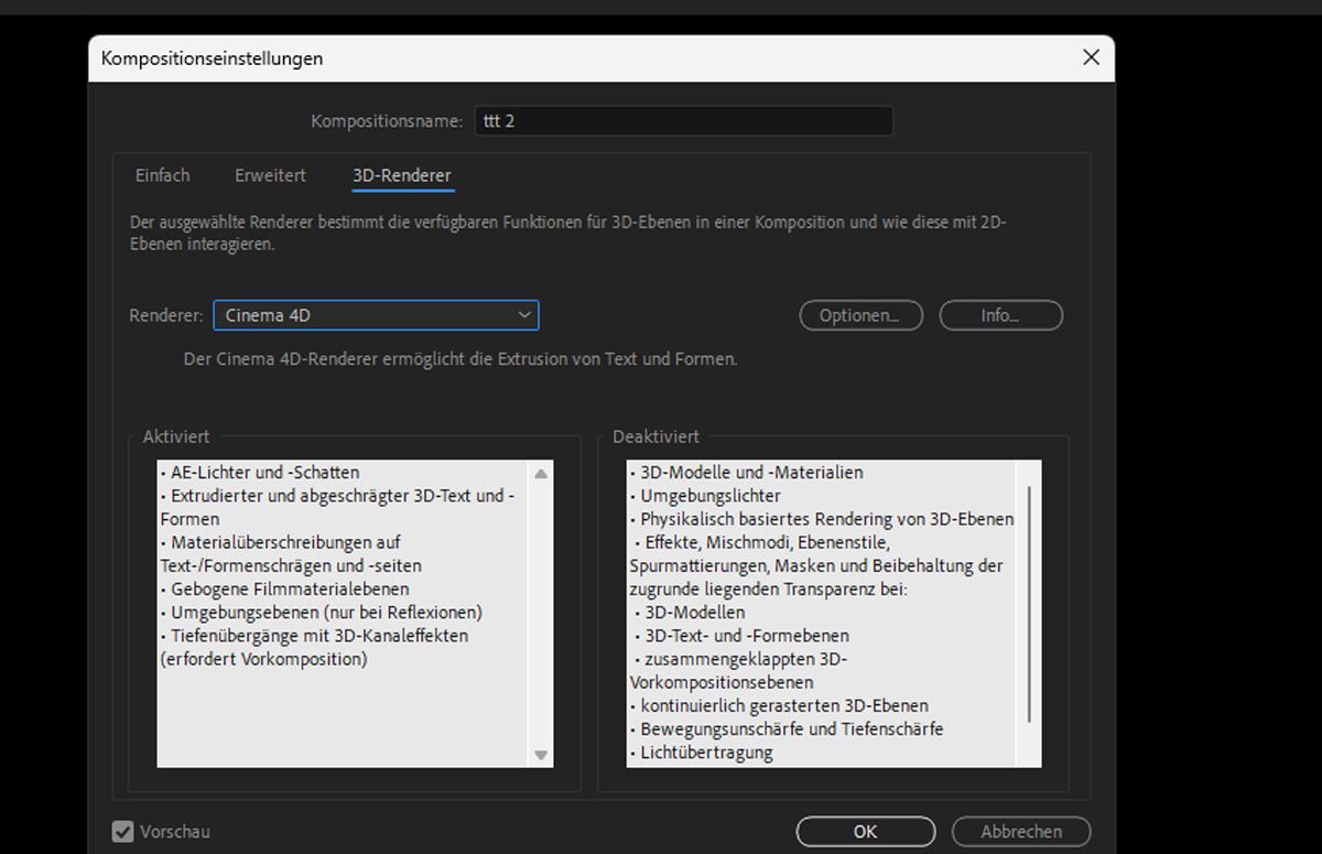 Die Registerkarte „3D-Renderer“ in den Kompositionseinstellungen in After Effects zeigt, dass mit dem Renderer „Cinema 4D“ Funktionen wie extrudierte 3D-Texte und Formen ermöglicht werden, erweiterte 3D-Modelle und physikalisch basiertes Rendering jedoch deaktiviert werden.