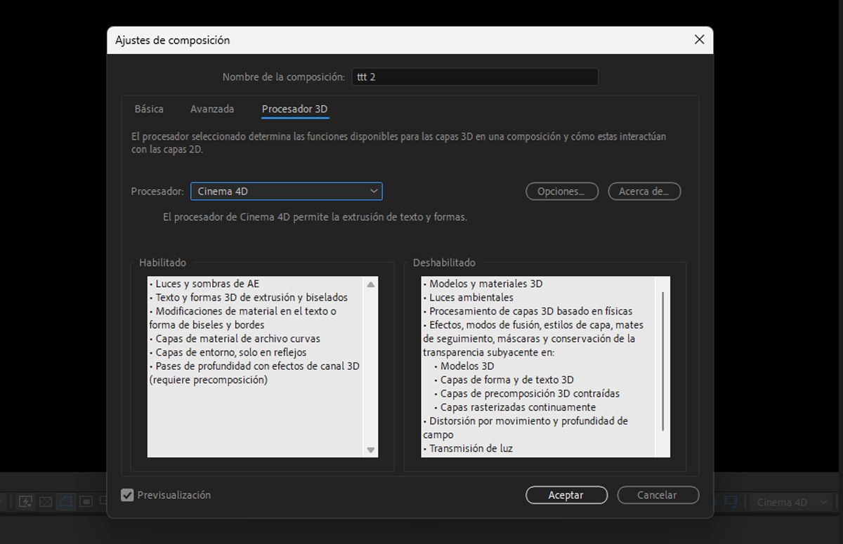 La pestaña Procesador 3D en Ajustes de composición de After Effects muestra que, al utilizar el procesador de Cinema 4D, se habilitan funciones como texto y formas 3D extruidos, pero se desactivan modelos 3D avanzados y el procesamiento basado en la física.