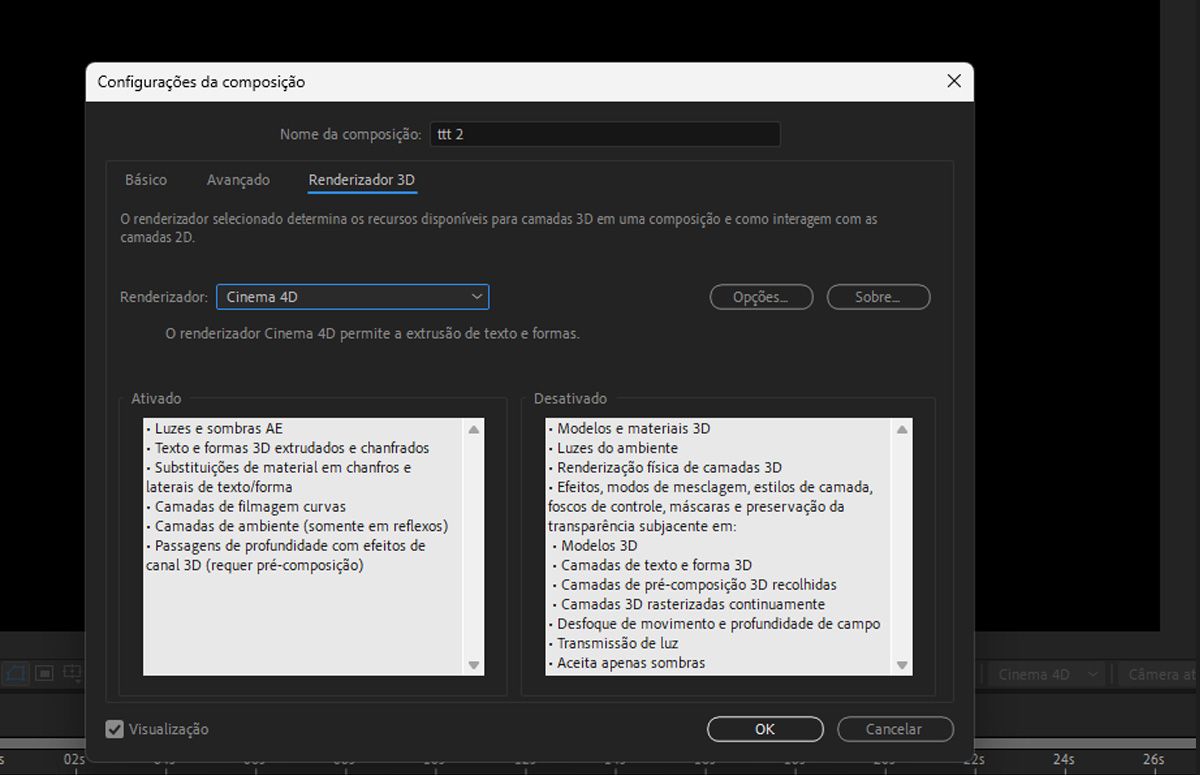 A guia do renderizador 3D nas configurações da composição do After Effects mostra que o uso do renderizador Cinema 4D permite recursos como texto e formas em 3D com extrusão, mas desabilita modelos 3D avançados e renderização física.