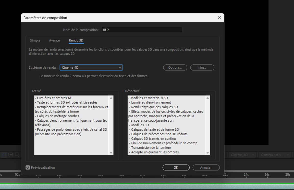 L’onglet Rendu 3D dans les paramètres de composition After Effects indique que l’utilisation du moteur de rendu Cinema 4D permet d’activer des fonctionnalités telles que du texte et des formes 3D extrudés, mais désactive les modèles 3D avancés et le rendu basé sur le physique.