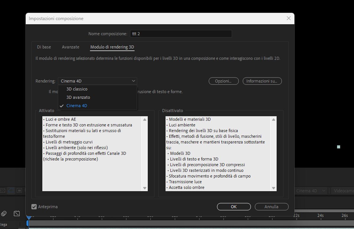 La scheda Rendering 3D nelle impostazioni di composizione di After Effects mostra che l’utilizzo del modulo di rendering Cinema 4D consente di attivare funzioni quali testo e forme 3D con estrusione, ma disattiva i modelli 3D avanzati e il rendering su base fisica.
