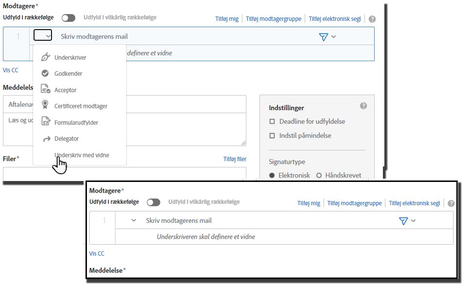 Siden Opret, der viser rullemenuen Roller udvidet, og indstillingen &quot;Underskriv med vidne&quot; fremhævet.