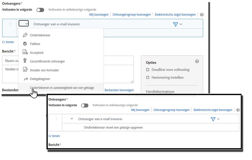 De pagina Samenstellen met de vervolgkeuzelijst Rollen uitgevouwen en de optie Ondertekenen met getuige gemarkeerd.