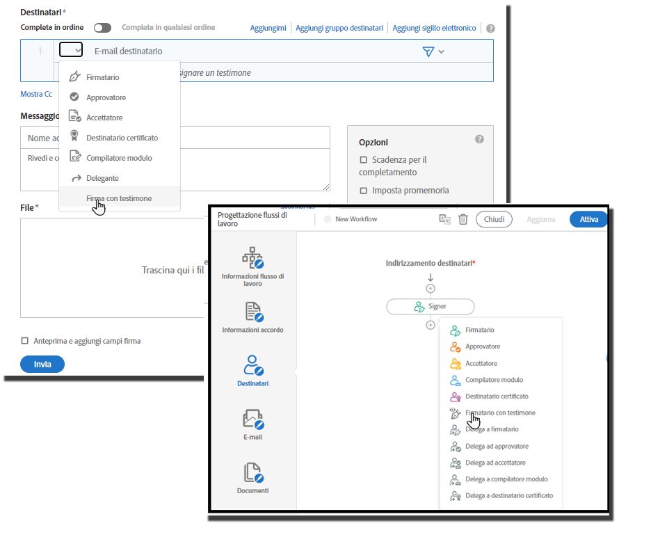 Pagina Composizione e Progettazione flussi di lavoro con i ruoli dei destinatari espansi e il ruolo &quot;Invia con testimone&quot; evidenziato.