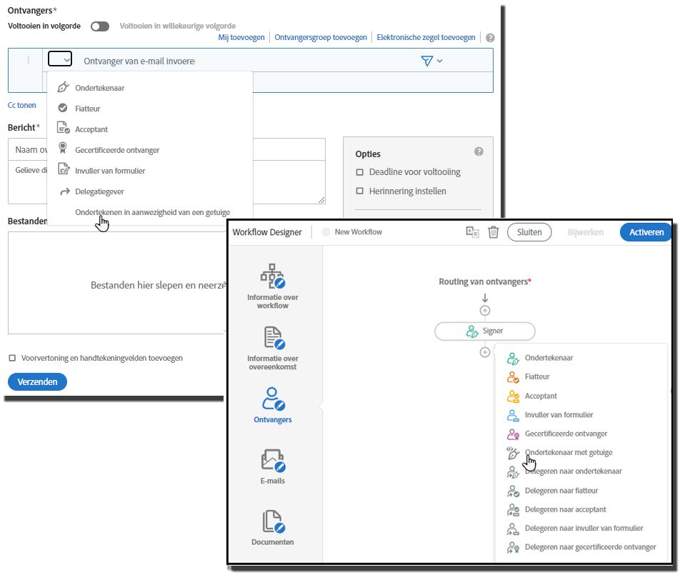 De pagina Samenstellen en de workflowdesigner met de ontvangersrollen uitgevouwen en de rol Verzenden met getuige gemarkeerd.