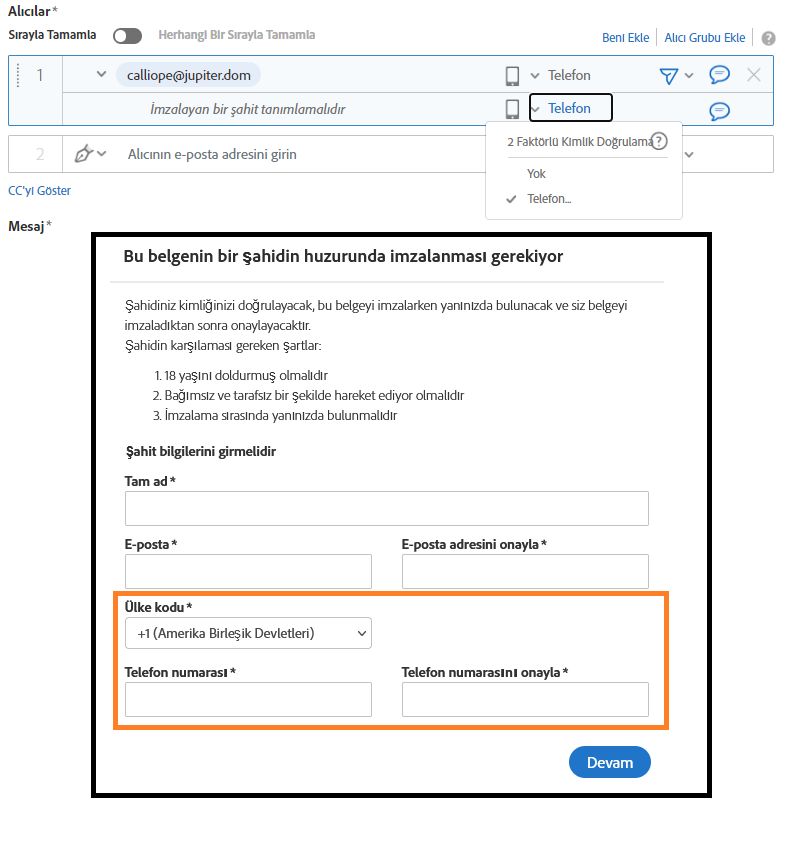 Alıcı listesine bir şahidin eklendiği ve kimlik doğrulama açılır listesinin genişletildiği Oluştur sayfası.