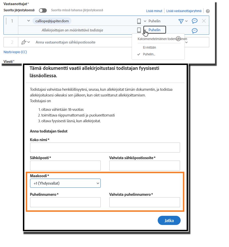 Laatimissivu, jossa vastaanottajaluetteloon on lisätty todistaja ja todennusvalikko näkyy laajennettuna.