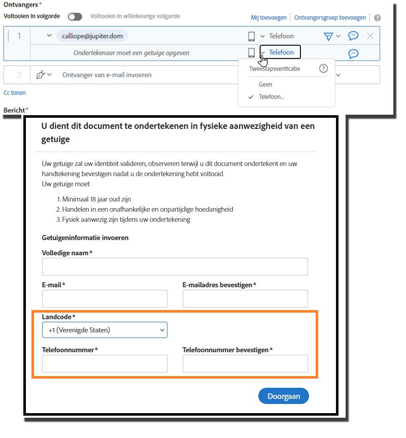 De pagina Samenstellen met een getuige die is toegevoegd aan de lijst met ontvangers, en de vervolgkeuzelijst met verificatie uitgevouwen.