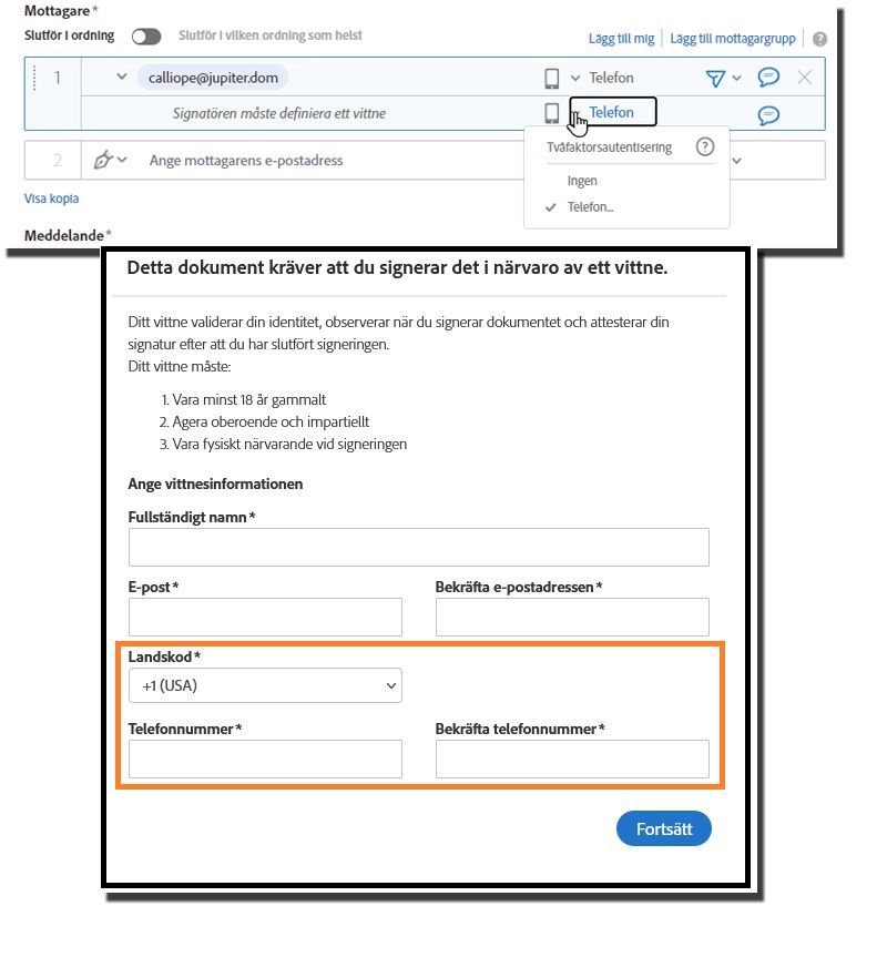 Sidan Skapa med ett vittne har lagts till i mottagarlistan och rullgardinsmenyn Autentisering har utökats.