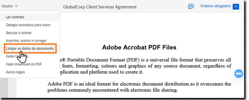 A página de assinatura eletrônica com o menu Opções expandido e a opção “Apagar dados do documento” realçada.