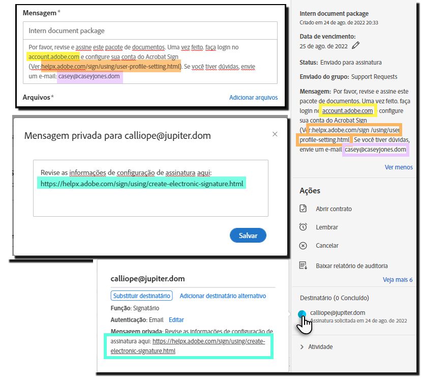 Campos de mensagem configurados