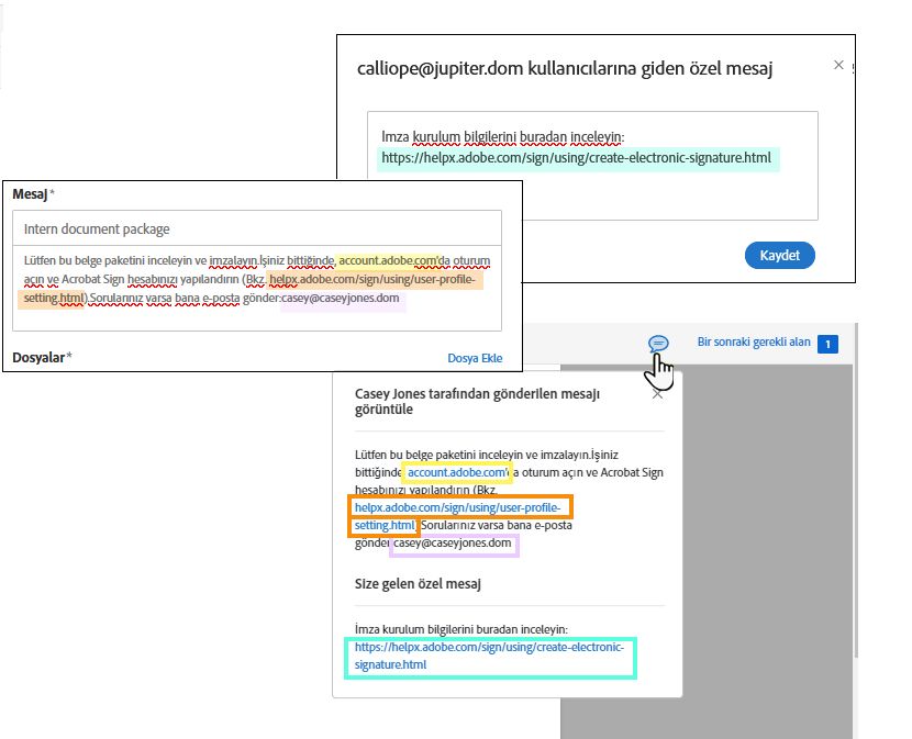 E-imza sayfasında yapılandırılmış mesaj alanları