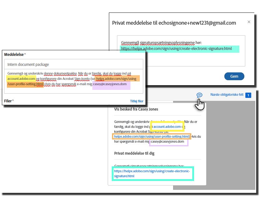 Konfigurerede meddelelsesfelter på e-underskrivelsessiden