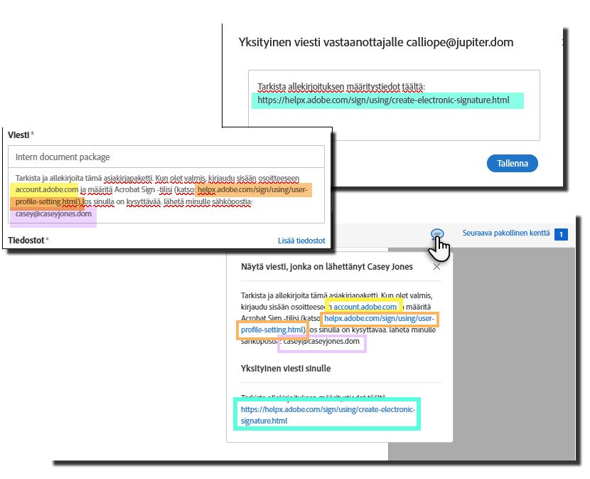 Sähköisen allekirjoituksen sivulla määritetyt viestikentät