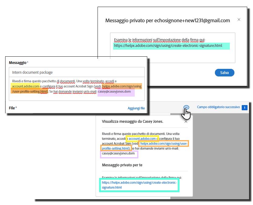 Campi di messaggio configurati nella pagina di firma elettronica