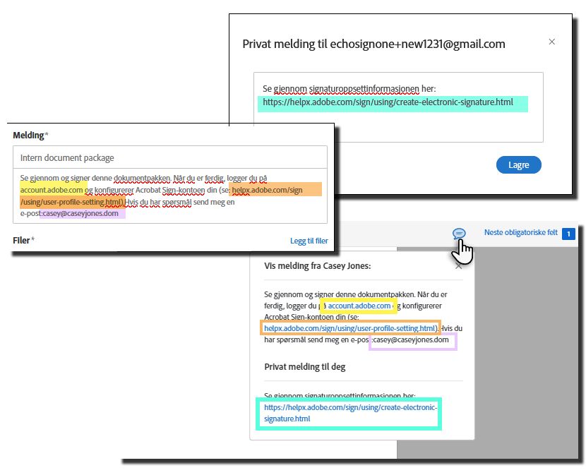 Konfigurerte meldingsfelt på e-sign-siden