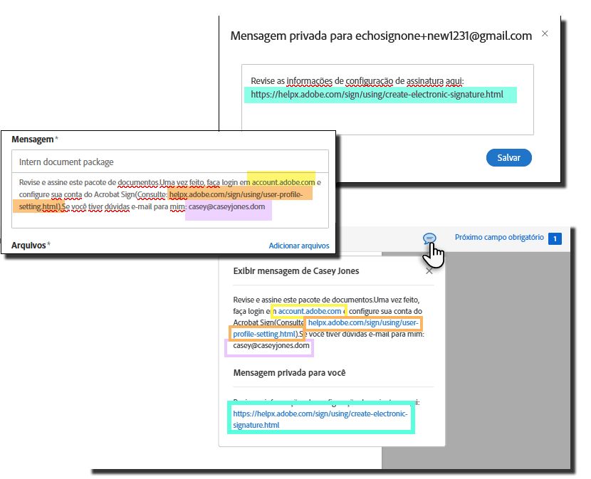 Campos de mensagem configurados na página para assinar eletronicamente