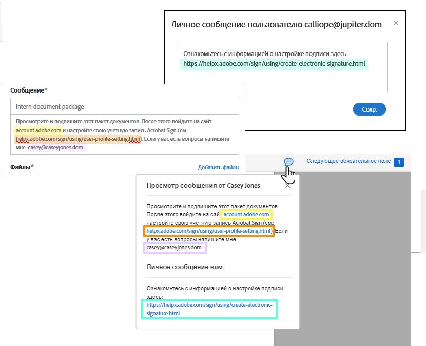 Настраиваемые поля сообщения на странице электронной подписи