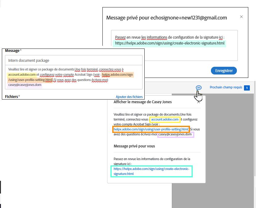 Champs de message configurés sur la page Signer électroniquement