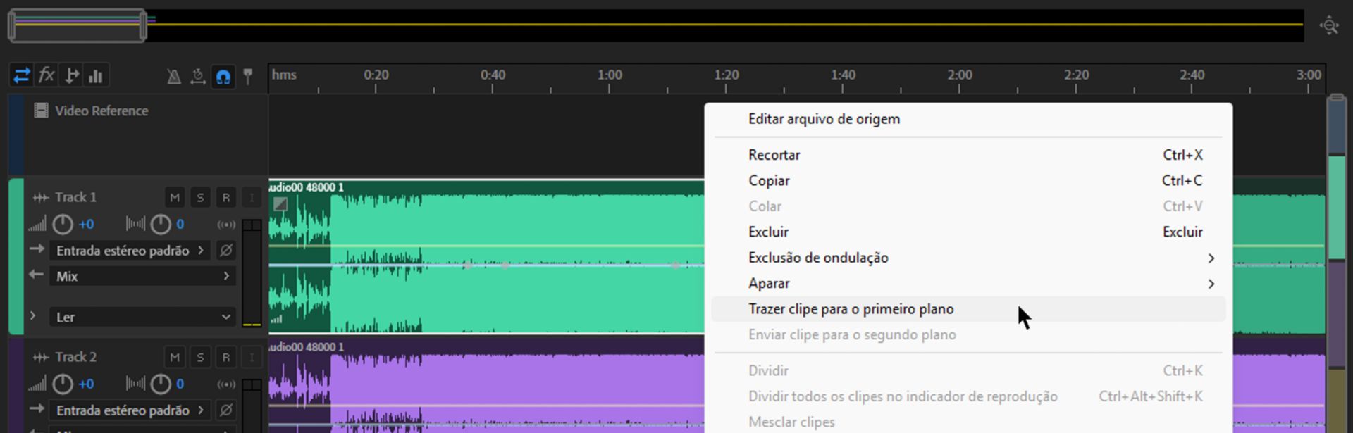 Menu de contexto de clipes