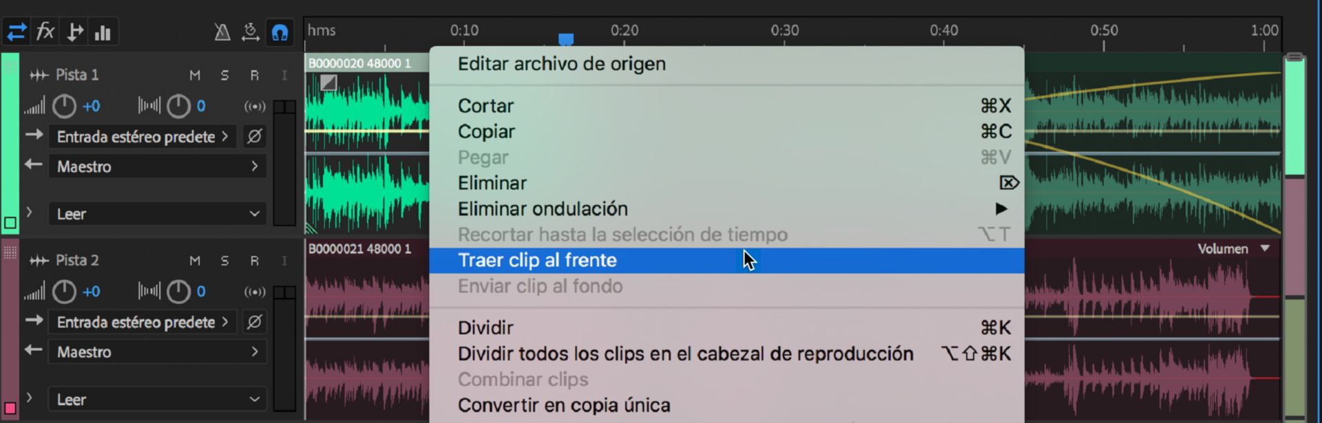Menú contextual del clip