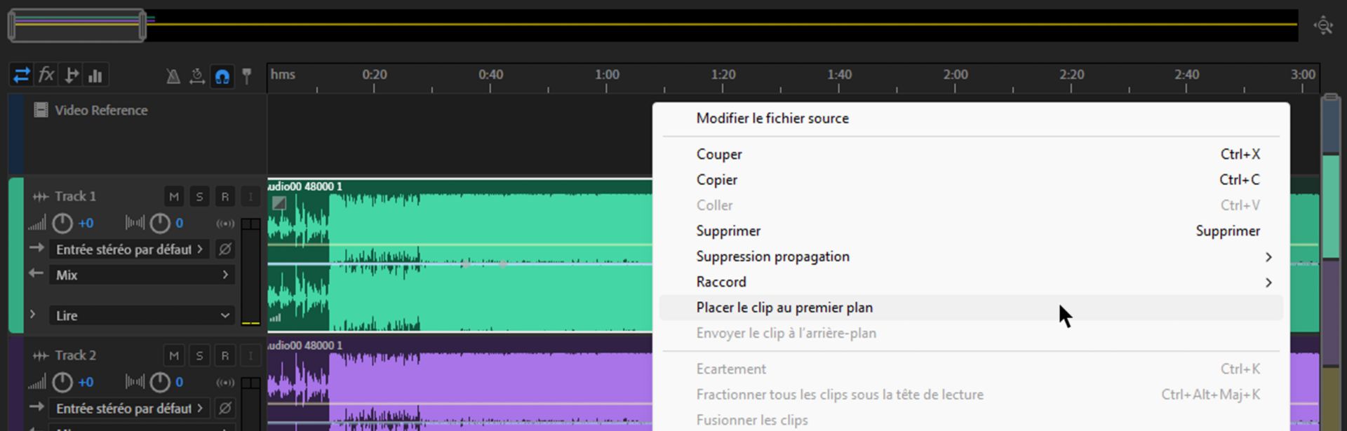 Menu contextuel des clips
