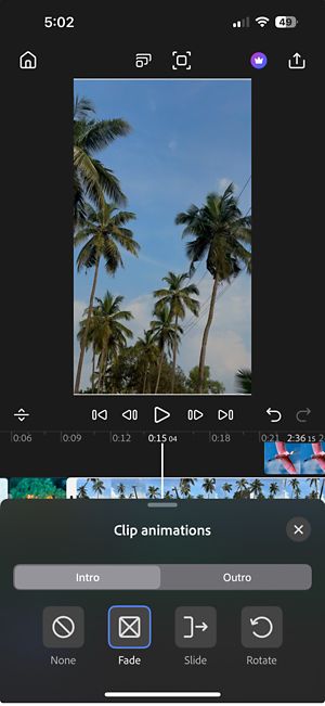 Clip animations window open with Intro and Outro tabs visible, showing animation options None, Fade, Slide, and Rotate to apply motion effects to video clips at the start or end.