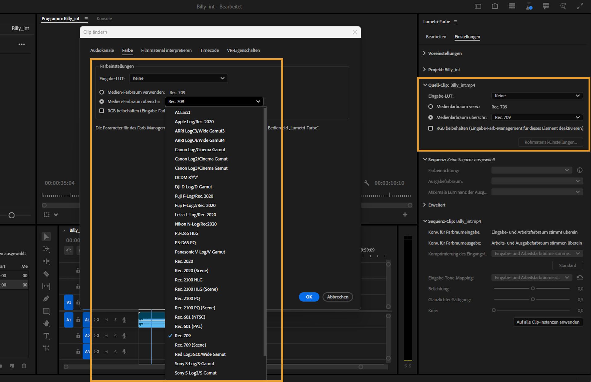Greife auf die Steuerelemente „Quell-Clip“ zu, um deinen Clip genau zu kennzeichnen und zu bearbeiten.