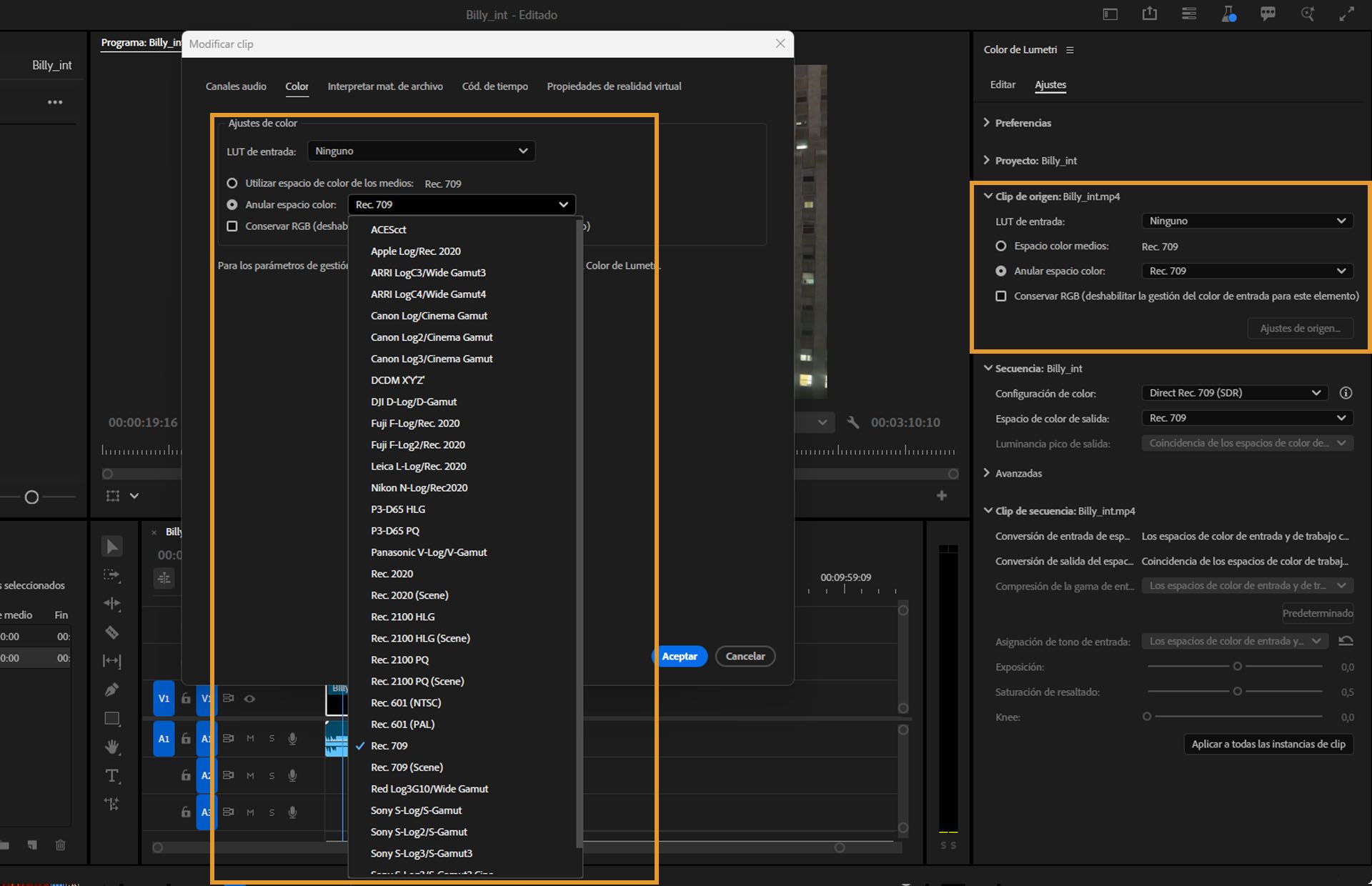 Acceda a los controles de clip de origen para identificar con precisión y graduar el color del clip.