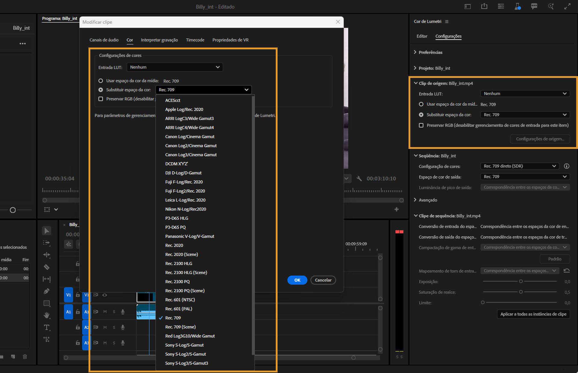 Acesse os controles do clipe de origem para identificar e corrigir as cores do seu clipe com precisão.