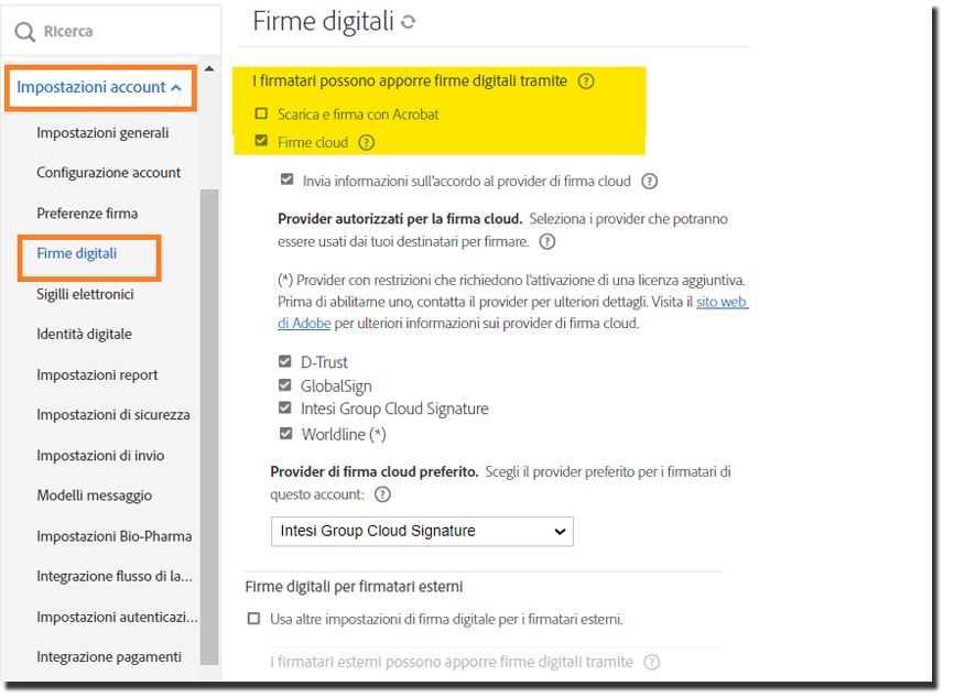 Pagina di configurazione della firma digitale in cui sono evidenziate le opzioni Scarica e Firma cloud.